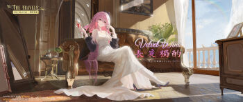 1girl alternate_costume black_shoes breasts champagne_flute closed_mouth commentary couch cup dated day dress drinking_glass english_text evernight_(honkai:_star_rail) hair_between_eyes hands_up high_heels highres holding holding_cup honkai:_star_rail honkai_(series) indoors long_hair looking_at_viewer march_7th_(honkai:_star_rail) medium_breasts mirror picture_frame pink_hair red_eyes shoes sitting sleeveless sleeveless_dress smile solo very_long_hair watermark wboss web_address white_dress