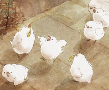 animal_focus beak_hold bird concrete friends jump_rope jumping monoyuu mouth_hold no_humans plant queue skipping