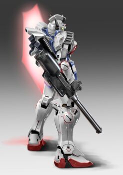 Rule 34 | beam cannon, beam shield, commentary request, earth federation, energy barrier, energy shield, glowing, glowing eyes, gradient background, green eyes, gundam, highres, mecha, mecha focus, mobile suit, no humans, realistic, robot, science fiction, seotaku (kyokkou), v-fin, v gundam, victory gundam, victory gundam hexa, weapon
