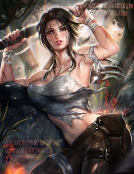 1girl armpits bandaged_arm bandages bare_shoulders breasts brown_eyes brown_hair camisole cowboy_shot cuts dirty female_focus highres injury lara_croft large_breasts long_hair looking_at_viewer midriff navel parted_lips realistic resized sakimichan shirt solo tomb_raider tomb_raider_(reboot) torn_clothes torn_shirt upscaled watermark web_address wrist_wrap