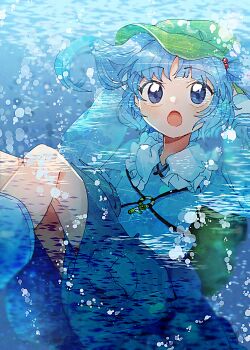 Rule 34 | 1girl, bag, blue boots, blue eyes, blue hair, blue shirt, blue skirt, boots, commentary request, green bag, green hat, hair bobbles, hair ornament, hat, highres, itomugi-kun, jewelry, kawashiro nitori, key, key necklace, long sleeves, looking at viewer, necklace, open mouth, shirt, skirt, solo, touhou, two side up, water