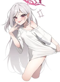 1girl :p absurdres blue_archive blush breasts closed_mouth collarbone dot_nose hair_behind_ear hair_down halo hand_up highres loli long_hair looking_at_viewer mutsuki_(blue_archive) naked_shirt pointy_ears pulling_own_clothes purple_eyes red_halo shirt short_sleeves simple_background small_breasts solo standing thighs tongue tongue_out um_111 very_long_hair white_background white_shirt