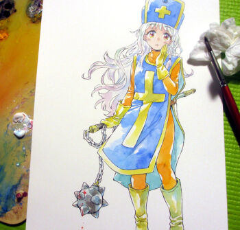 1girl agahari art_brush art_tools_in_frame blood bloody_weapon blue_hat blue_tabard bodysuit boots braid chain commentary_request cross dragon_quest dragon_quest_iii earrings feet_out_of_frame flail gloves hand_on_own_cheek hand_on_own_face hat holding_flail jewelry long_hair mitre open_mouth orange_bodysuit paintbrush painting_(medium) photo_(medium) priest_(dq3) red_eyes side_braid single_braid solo standing tabard traditional_media weapon white_hair yellow_boots yellow_gloves