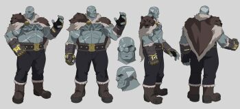 1boy abs bald bara bare_pectorals bear_head blind boots reference_sheet chest_tattoo critical_role cropped_shoulders dungeons_&amp;_dragons from_behind from_side fur_(clothing) head_tattoo highres kevdak large_pectorals male_focus multiple_views muscular muscular_male nipples official_art old old_man pants pectorals phil_bourassa scar scar_across_eye scar_on_face scar_on_mouth short_hair stomach tattoo the_legend_of_vox_machina thick_eyebrows