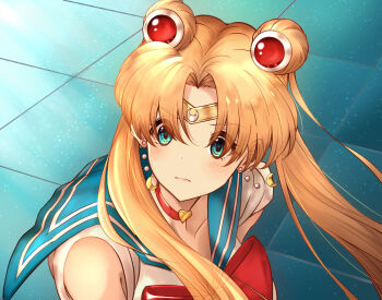 1girl bishoujo_senshi_sailor_moon blonde_hair blue_eyes blue_sailor_collar bow bowtie choker closed_mouth crescent crescent_earrings double_bun earrings hair_bun highres huoxing_jiuzai jewelry long_hair meme red_bow red_bowtie red_choker sailor_collar sailor_moon sailor_moon_redraw_challenge_(meme) sailor_senshi_uniform shirt solo tile_floor tiles tsukino_usagi twintails upper_body white_shirt