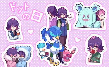 1girl absurdres antenna_hair blue_jacket candy_apple collared_shirt commentary_request crossed_bangs dot_(pokemon) food gen_4_pokemon gloves green_shirt hand_up heart highres hood hood_down jacket long_sleeves multiple_views necktie nidothing nintendo orange_necktie outline pants pink_jacket pokemon pokemon_(anime) pokemon_(creature) pokemon_horizons purple_hair quaxly quaxwell rotom rotom_phone shirt shoes standing tinkatink toumei_4869 trembling vest winter_clothes
