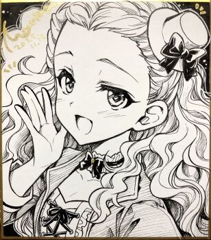 Rule 34 | 1girl, :d, \||/, bow, choker, collarbone, commentary request, corset, crop top, cropped jacket, cross-laced clothes, cross-laced corset, curly hair, dated, forehead, frilled choker, frills, greyscale with colored background, hair pulled back, hat, highres, idolmaster, idolmaster cinderella girls, idolmaster cinderella girls starlight stage, light blush, long sleeves, looking at viewer, marine (confeitokobo), mini hat, mini top hat, open mouth, seki hiromi, shikishi, smile, solo, solo focus, top hat, wavy hair