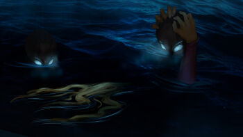 3others arrapso asphyxiation creature drowning empty_eyes floating_hair glowing glowing_eyes hand_on_another&#039;s_head highres lake_of_voices margret_(lake_of_voices) multiple_others night non-web_source official_art outstretched_arms ripples scenery submerged waves