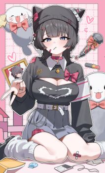 1girl absurdres armband bandaid bandaid_on_face bandaid_on_knee bandaid_on_leg beanie belt belt_buckle black_hair black_hat black_shirt black_shoes blue_eyes book bow bowtie breasts buckle chain choker clam_shell cleavage cleavage_cutout clothing_cutout collared_shirt earflap_beanie earphones earrings grey_skirt gyaru_v haedungi_(shirayuki_hina) hair_bow hair_ornament hashtag-only_commentary hat heart highres ipod ipod_nano ipod_nano_3g jewelry kneehighs knees large_breasts lipstick long_sleeves makeup microphone mp3_player picture_frame pink_background pink_bow pink_bowtie pink_choker pleated_skirt red_bow red_bowtie ring shirayuki_hina shirt shoes sitting skirt socks stellive tay_(cdjk7758) tongue tongue_out toothpick v virtual_youtuber wariza white_belt white_bow white_socks