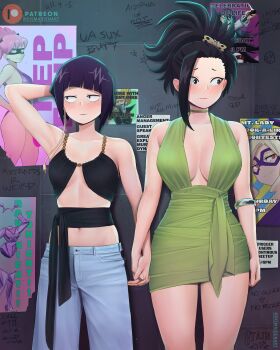Rule 34 | 2girls, absurdres, against wall, averting eyes, blush, boku no hero academia, breasts, cleavage, commentary, dismaiden, dress, english commentary, graffiti, hagakure toru, haneyama kazuho, highres, jiro kyoka, midnight (boku no hero academia), mount lady, multiple girls, poster (object), present mic, sash, short dress, thighs, vigilante -boku no hero academia: illegals-, waist sash, yaoyorozu momo, yuri