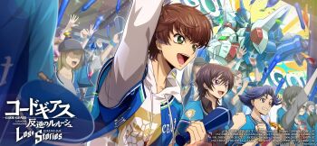 3boys black_eyes black_hair blue_hair brown_hair code_geass code_geass:_lost_stories commentary_request f4samurai food game_cg green_eyes highres holding holding_food holding_pizza jacket knightmare_frame kururugi_suzaku lelouch_vi_britannia male_focus mecha multiple_boys official_art open_clothes open_jacket open_mouth pizza purple_eyes rivalz_cardemonde robot short_hair smile teeth