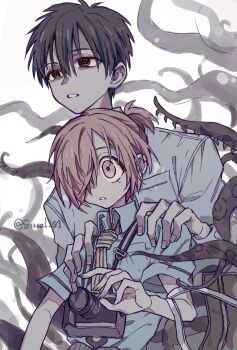 Rule 34 | 2boys, black eyes, black hair, blue shirt, breast pocket, camera, camera around neck, chinese commentary, clenched teeth, collared shirt, commentary request, hair over one eye, hanako (jibaku shounen hanako-kun), hands on another's shoulders, high ponytail, highres, jibaku shounen hanako-kun, mitsuba sousuke, mole, mole under eye, multiple boys, necktie, pink hair, pocket, ponytail, sanpaku, shirt, short hair, short ponytail, short sleeves, sissel, striped clothes, surprised, teeth, tentacles, upper body, vertical-striped clothes, vertical-striped necktie, very short hair, yellow eyes, yellow necktie