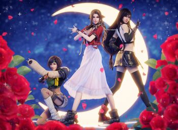 3d 3girls aerith_gainsborough armor bishoujo_senshi_sailor_moon boots bow bracelet braid brown_eyes choker crescent_moon derivative_work dress falling_petals final_fantasy final_fantasy_vii final_fantasy_vii_remake fingerless_gloves fishnets flower gloves green_eyes headband highres jacket jewelry leather leather_skirt leg_warmers long_hair low-tied_long_hair midriff moon multiple_girls petals pink_dress pointing pointing_at_viewer red_jacket ria-neearts ribbon rose sailor_moon short_hair shorts shoulder_armor skirt square_enix straight_hair suspenders tank_top thighhighs tifa_lockhart wavy_hair yuffie_kisaragi zettai_ryouiki