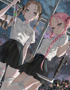 2girls absurdres aqua_eyes black_ribbon black_skirt bow braid braided_twintails breast_pocket breasts brown_hair chain-link_fence closed_mouth collared_shirt commentary dutch_angle english_commentary expressionless fence forehead garter_straps hair_ribbon hand_up highres holding holding_knife knife kusarigama long_hair looking_to_the_side miniskirt multiple_girls original oto1_030 pink_hair pleated_skirt pocket ribbon school_uniform shirt shirt_tucked_in short_sleeves sickle skirt sticker turning_head twin_braids weapon white_garter_straps white_shirt wing_collar
