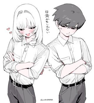 2boys anger_vein angry artist_name belt belt_buckle black_belt black_eyes black_hair blunt_bangs blush bright_pupils buckle buttons clenched_teeth collared_shirt copyright_name copyright_notice cowboy_shot crossed_arms dot_nose double-parted_bangs dress_shirt empty_eyes frown grey_pants hair_intakes hajime_(wolrero) half-closed_eyes heart heart-shaped_pupils highres looking_at_viewer looking_to_the_side male_focus medium_hair multiple_boys nichijou_kamoshirenai open_mouth pants pocket poking raised_inner_eyebrows school_uniform shirt shirt_tucked_in short_hair shuusuke_(wolrero) side-by-side smile swept_bangs symbol-shaped_pupils teeth thick_eyebrows trap white_hair white_pupils wing_collar wolrero