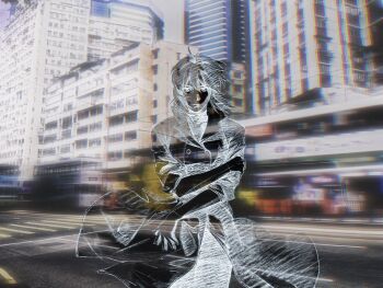 1girl absurdres aizheajsee blurry blurry_background building city coat ghost_in_the_shell highres looking_at_viewer medium_hair road solo straight-on street trench_coat