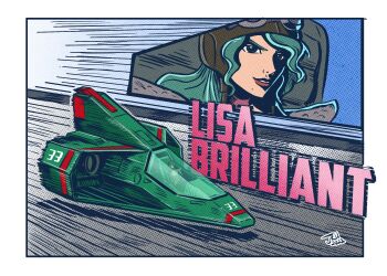 1girl action aircraft artist_name border brown_headwear character_name close-up f-zero f-zero_falcon_densetsu flying_car goggles goggles_on_headwear green_hair helmet highres hover_vehicle jrcomicart lips lisa_brilliant mole mole_under_mouth motion_lines nintendo panzer_emerald parted_lips race_vehicle science_fiction solo speed_lines teeth upper_teeth_only vehicle_focus white_border