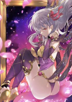1girl armlet armor ass bare_shoulders bikini_armor bracelet breasts circlet commentary_request detached_sleeves dress earrings fate/grand_order fate_(series) floral_print fufufu_hehehe hair_ribbon high_heels highres jewelry kama_(assassin)_(second_ascension)_(fate) kama_(fate) kama_(second_ascension)_(fate) kama_(teenager)_(fate) large_breasts long_hair looking_at_viewer petals purple_dress purple_sleeves purple_thighhighs red_eyes ribbon ring solo thighhighs thighlet white_hair