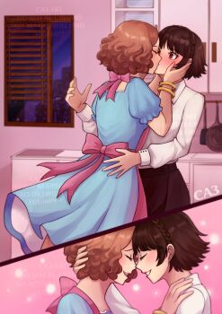 Rule 34 | 2girls, black skirt, blue dress, bow, bracelet, brown hair, closed eyes, collared shirt, commentary, crazyanime3, dress, english commentary, hand on another's shoulder, highres, indoors, jewelry, kiss, kitchen, multiple girls, night, niijima makoto, okumura haru, parted lips, persona, persona 5, pink bow, red eyes, shirt, short hair, skirt, smile, white shirt, yuri