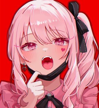 1other aegyo_sal akiyama_mizuki black_bow black_bowtie black_mask black_outline blush bow bowtie buttons chromatic_aberration collared_shirt commentary_request drill_hair drill_sidelocks earrings facial_mark fangs frilled_shirt frills hair_between_eyes hair_bow halftone halftone_background hand_up heart heart_earrings heart_facial_mark high_side_ponytail highres ibispaint_(medium) jewelry long_hair looking_at_viewer mask mask_pull mouth_mask open_mouth other_focus outline pink_eyes pink_hair pink_shirt portrait project_sekai red_background shirt side_drill side_ponytail sidelocks simple_background solo sparkle sparkling_eyes swept_bangs teeth tongue uozakana upper_teeth_only uvula vampire_(vocaloid)