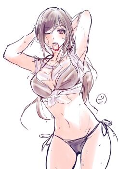 1girl adjusting_hair arms_behind_head bikini black_bikini black_hair blush breasts commentary_request cowboy_shot final_fantasy final_fantasy_vii gogochi55 hair_tie hair_tie_in_mouth large_breasts long_hair looking_at_viewer mouth_hold navel one_eye_closed red_eyes see-through_clothes see-through_shirt shirt short_sleeves side-tie_bikini_bottom signature simple_background solo stomach swimsuit tied_shirt tifa_lockhart wet wet_clothes wet_shirt white_background white_shirt