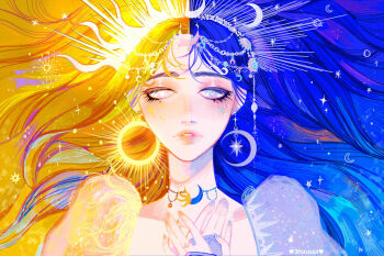 1girl artist_name blonde_hair blue_hair commentary crown earrings eyeshadow jewelry long_eyelashes long_hair looking_at_viewer makeup multicolored_hair original parted_lips solo two-tone_hair upper_body vicki_tsai yellow_nails