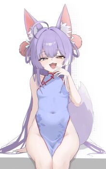 1girl :3 ahoge animal_ear_fluff animal_ears arm_at_side arm_support china_dress chinese_clothes covered_navel double-parted_bangs dress fang feet_out_of_frame floral_print floral_print_dress fox_ears fox_girl fox_tail gamble_0 hair_intakes hair_ornament hair_rings hand_up heterochromia highres loli looking_at_viewer multicolored_hair no_panties open_mouth pom_pom_(clothes) pom_pom_hair_ornament print_dress purple_dress side_slit simple_background sitting sleeveless sleeveless_dress small_sweatdrop solo stellive streaked_hair tail tenko_shibuki virtual_youtuber white_background