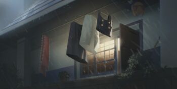 absurdres black_skirt black_vest clothes_hanger commentary_request door highres house kinoko_(kino2435006) making-of_available no_humans open_door outdoors plant potted_plant rain red_ribbon ribbon scenery shanghai_doll shirt skirt touhou unworn_shirt unworn_skirt unworn_vest vest white_shirt window