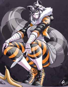 Rule 34 | 1girl, animal ears, banana peel, black jacket, black leggings, black mask, black nails, black shoes, cropped jacket, dated, detached sleeves, domino mask, ear piercing, eye mask, face piercing, fishnet sleeves, fishnets, grey hair, grey tail, highres, holding, holding knife, jacket, jgeorgedrawz, knife, leggings, lip piercing, mask, multicolored jacket, multicolored shoes, open clothes, open jacket, orange eyes, orange jacket, orange leggings, orange shoes, original, piercing, raccoon ears, raccoon girl, raccoon tail, shirt, shoes, snuffyowo, solo, striped leggings, tail, tiptoes, two-tone jacket, two-tone leggings, two-tone shoes, white shirt