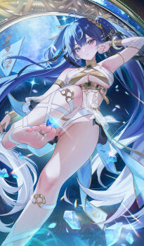 1girl absurdres ahoge alt_text ancient_greek_clothes arm_up armlet armpits bare_shoulders barefoot black_skirt blue_eyes blue_hair blush breasts commentary commentary_typo feet fingernails foot_out_of_frame from_below full_moon gold_bra greco-roman_clothes hair_belt hand_up highres iuno_(wuthering_waves) jewelry laurel_crown leg_wrap lichiko long_hair looking_at_viewer medium_breasts moon multicolored_hair orb parted_lips partially_visible_vulva showgirl_skirt skirt soles solo streaked_hair symbol-only_commentary thighlet thighs toe_ring toes twintails underboob vambraces very_long_hair wuthering_waves