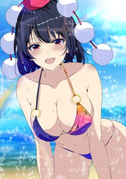 Rule 34 | 1girl, beach, bikini, black hair, blue bikini, blurry, blurry background, blush, breasts, cameltoe, hat, highres, kitaura kasumi, large breasts, leaning forward, looking at viewer, medium hair, o-ring, o-ring swimsuit, pom pom (clothes), rainbow, rainbow background, red eyes, red hat, shameimaru aya, solo, sun, swimsuit, tengu, tokin hat, touhou