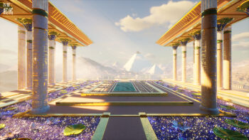 absurdres artist_request blue_flower blue_sky bud chinese_commentary cloud commentary_request copyright_name desert flower highres island lake light_particles light_rays lily_pad logo middle_eastern_architecture nikki_(series) no_humans official_art outdoors palm_tree pillar pool pyramid_(structure) scenery second-party_source shining_nikki sky sunlight town tree water water_lily_flower white_flower