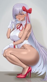 1girl bare_shoulders bb_(fate) bb_(swimsuit_mooncancer)_(third_ascension)_(fate) blush breasts collared_leotard commentary dark-skinned_female dark_skin english_commentary fate/grand_order fate_(series) gloves gudakoguda high_heels highleg highleg_leotard large_breasts leotard long_hair looking_at_viewer neck_ribbon open_mouth purple_eyes purple_hair red_ribbon ribbon smile solo squatting tan white_gloves white_leotard