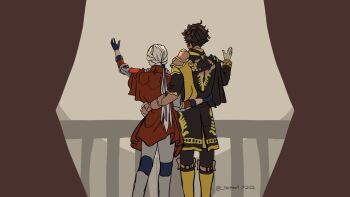 1boy 1girl armor artist_name brown_hair capelet claude_von_riegan closed_mouth commentary couple dark-skinned_male dark_skin edelgard_von_hresvelg english_commentary fire_emblem fire_emblem:_three_houses fire_emblem_warriors:_three_hopes from_behind gloves green_eyes grey_background hair_slicked_back happy head_tilt highres hug_from_side indoors light_smile litten9art long_hair low_ponytail nintendo official_alternate_costume official_alternate_hairstyle open_mouth ponytail red_capelet spoilers standing teeth upper_body upper_teeth_only waving white_hair yellow_capelet