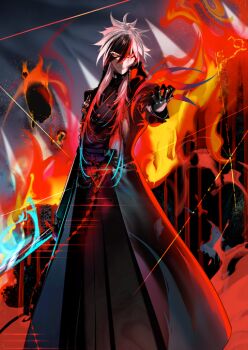 1boy arm_at_side black_gloves closed_mouth colored_eyelashes eyes_visible_through_hair fate/grand_order fate_(series) feet_out_of_frame fire game_cg gloves hair_over_one_eye hand_up holding holding_sword holding_weapon kondou_isami_(fate) kondou_isami_(first_ascension)_(fate) long_hair long_sleeves looking_at_viewer male_focus multicolored_hair official_art outdoors pako_(pakosun) red_eyes red_theme solo sword third-party_source two-tone_hair v-shaped_eyebrows weapon white_eyelashes white_hair zipper