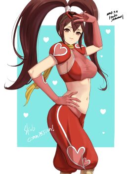 1girl arm_up artist_name blue_background boots breasts brown_eyes brown_hair closed_mouth commission covered_collarbone crop_top dated elbow_gloves eyelashes f-zero f-zero_gx from_side gloves goggles goggles_on_head hair_tie hand_on_own_hip heart heart-shaped_eyewear heart_background heart_print highres knee_boots large_breasts lips long_hair looking_at_viewer midriff navel nintendo pants pink_gloves pink_shirt princia_ramode print_pants red-framed_eyewear red_pants red_shirt scarf shirt shoulder_pads sideboob skeb_commission smirk solo taut_clothes taut_shirt twintails v white_background yamamori_kinako yellow_boots yellow_scarf