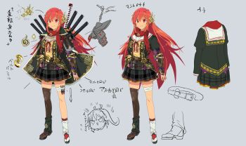 1girl absurdres armor asymmetrical_legwear bad_source bandaged_leg bandages belt belt_buckle black_cape black_jacket black_leg_warmers black_skirt breasts brown_belt buckle cape reference_sheet chibi chibi_inset clothes_on_and_off concept_art dark-skinned_female dark_skin double_v fingerless_gloves full_body gloves gold gold_headdress gold_trim grey_hair headdress headpiece hebijo_academy_school_uniform highres homura_(senran_kagura) jacket japanese_armor juliet_sleeves katana kote kunai kusazuri large_breasts leg_warmers long_hair long_sleeves looking_ahead miniskirt mismatched_legwear notes official_alternate_costume official_alternate_eye_color official_alternate_hair_color official_alternate_hairstyle official_art ootachi plaid_clothes plaid_skirt pleated_skirt production_art puffy_sleeves red_eyes red_hair red_ribbon red_scarf ribbon sailor_collar scabbard scarf senran_kagura senran_kagura_new_link senran_kagura_shoujo-tachi_no_shin'ei sheath sheathed shiny_skin shirt shoulder_armor simple_background single_thighhigh skindentation skirt smile smirk sode solo standing studded_belt sword tabi tan thighhighs translation_request tsuba_(guard) tsuka-ito v v-shaped_eyebrows variations very_long_hair weapon white_leg_warmers white_sailor_collar yaegashi_nan yellow_shirt