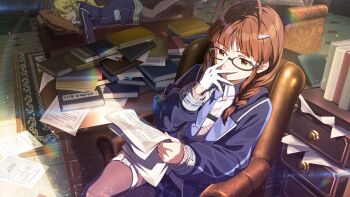 2girls akizuki_ritsuko antenna_hair black_jacket blue_necktie book braid brown_eyes brown_hair card_commentary chair commentary_request game_asset glasses gloves holding holding_paper hoshii_miki idolmaster idolmaster_(classic) idolmaster_million_live! idolmaster_million_live!_theater_days indoors jacket long_hair long_sleeves multiple_girls necktie official_alternate_costume official_art on_chair paper pile_of_books reading single_glove sitting sleeping third-party_source twin_braids white_gloves youth_wandering_(idolmaster)
