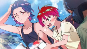 1boy 2girls aki_(neyuki41028) amate_yuzuriha aqua_eyes artist_name bikini bindi black_hair blue_hair blush breasts commentary_request dark-skinned_female dark_skin day double_bun gundam gundam_gquuuuuux hair_bun holding jpeg_artifacts lalah_sune long_hair multicolored_hair multiple_girls one_eye_closed open_mouth purple_hair red_eyes red_hair shirt short_hair shuji_ito swimsuit tank_top twitter_username two-tone_hair watermark