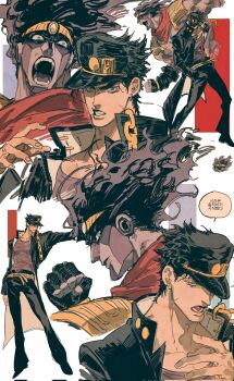 1boy 1other belt black_hair black_hat black_jacket black_pants clenched_hand clenched_teeth collared_jacket colored_skin commentary floating_hair hat highres jacket jojo_no_kimyou_na_bouken kuujou_joutarou male_focus medium_hair mnnd multiple_views open_mouth pants popped_collar purple_skin red_scarf scarf short_hair speech_bubble stand_(jojo) star_platinum stardust_crusaders symbol-only_commentary teeth v-shaped_eyebrows wide-eyed