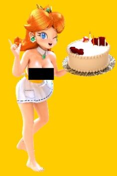1girl 3d ;) apron bar_censor barefoot blush breasts brown_hair cake censored censored_nipples completely_nude crown earrings feet flower_earrings food hanxulz jewelry legs mario_(series) medium_breasts medium_hair naked_apron naughty_face nintendo nude one_eye_closed princess_daisy seductive_smile smile super_mario_land toes wink yellow_background
