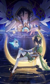 2boys absurdres ahe63011 aqua_eyes barbatos_(genshin_impact) beret black_bow black_bowtie black_hair blue_hair bow bowtie braid bridal_gauntlets brown_corset brown_shoes cape capelet chinese_commentary closed_eyes closed_mouth commentary_request corset crescent_moon crop_top different_reflection dual_persona eyelashes feathered_wings feathers flower frilled_sleeves frills genshin_impact gold_trim gradient_hair green_cape green_capelet green_hat green_shorts hair_between_eyes hair_flower hair_ornament hand_up hat head_rest highres hood hood_up hooded_capelet long_sleeves male_focus medium_hair moon multicolored_hair multiple_boys on_crescent pantyhose pom_pom_(clothes) profile puffy_shorts reflection ripples shirt shoes short_shorts shorts side_braids sitting sleeveless sleeveless_shirt small_stellated_dodecahedron smile twin_braids u_u venti_(archon)_(genshin_impact) venti_(genshin_impact) vision_(genshin_impact) water white_bridal_gauntlets white_flower white_pantyhose white_shirt white_wings wings