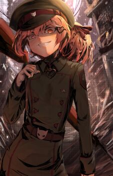 1girl absurdres belt black_hat broken_heart broken_heart_hair_ornament brown_belt brown_hair commentary commission cosplay english_commentary evil_grin evil_neuro-sama evil_smile gloves green_hat green_jacket green_skirt grin gun hair_ribbon hat heart highres jacket long_hair long_sleeves looking_at_viewer military_uniform neuro-sama outdoors red_eyes red_ribbon ribbon rifle skirt smile solo tanya_degurechaff tanya_degurechaff_(cosplay) two_side_up upper_body vedal_ai vgen_commission virtual_youtuber weapon white_gloves windsketchy