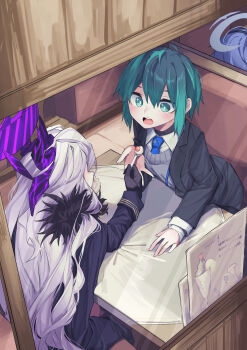 absurdres ahoge ako_(blue_archive) blue_archive blue_necktie blush bodysuit demon_girl demon_horns diner feeding female_sensei_(blue_archive) food gloves green_eyes green_hair hair_ornament hairclip halo highres hina_(blue_archive) horns long_hair long_sleeves necktie parfait sensei_(blue_archive) sparkling_eyes sweater_vest very_long_hair vivo_(vivo_sun_0222) white_hair