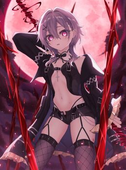 1girl absurdres arm_at_side arm_held_back backlighting barbell_piercing black_bow black_bowtie black_coat black_panties black_shorts black_thighhighs black_vest bow bowtie braid breasts cloud coat commentary cowboy_shot cross cross_earrings detached_collar ear_piercing earrings energy_spear eyelashes eyes_visible_through_hair fangs frilled_sleeves frills full_moon garter_straps glowing glowing_eyes grey_hair hair_between_eyes hair_intakes hair_ornament hairclip highres holding holding_polearm holding_weapon industrial_piercing jewelry light_blush long_sleeves looking_at_viewer medium_hair moon navel night night_sky nirakamadesu open_clothes open_coat open_mouth open_vest original outdoors panties piercing polearm red_eyes red_moon short_shorts shorts single_braid sky slit_pupils small_breasts solo stomach teeth thighhighs thighs underwear upper_teeth_only vest weapon wide_sleeves wolf_cut