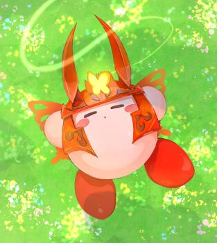 117_ia 1boy bug butterfly butterfly_wings closed_eyes closed_mouth commentary_request copy_ability flower grass green_background highres insect insect_wings kirby kirby_(series) kirby_and_the_forgotten_land lying morpho_knight_(butterfly) morpho_knight_sword_kirby nintendo no_humans on_back on_grass shadow solo solo_focus sunlight sword_kirby tagme wings