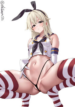 1girl black_eyes blonde_hair blush breasts ebifurya elbow_gloves eyebrows from_below gloves groin hairband highres kantai_collection long_hair navel navy open_mouth panties panty_pull shimakaze_(kancolle) side-tie_panties spread_legs stomach thighhighs thighs thong underwear uniform