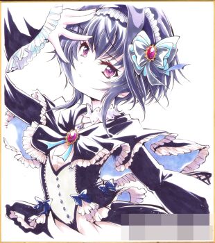 1girl 9-nine- arm_up black_bow black_capelet black_dress black_hair black_hairband blue_bow blue_ribbon bow brooch capelet censored chuunibyou colored_eyelashes commentary_request dress dress_bow eyelashes frilled_capelet frilled_dress frilled_hairband frilled_sleeves frills gem hair_between_eyes hair_bow hair_ornament hairband hairclip hand_on_own_head highres jewelry long_sleeves looking_at_viewer mosaic_censoring parted_lips red_eyes red_gemstone ribbon shikishi short_hair_with_long_locks simple_background solo traditional_media tsubameyado upper_body white_background wide_sleeves yuuki_noa