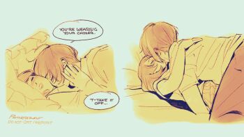 1boy 1girl artist_name bed_sheet blush boy_on_top choker commentary couple ear_blush english_commentary english_text from_side hetero kiss kissing_neck lying on_back paaaatchieee pants persona persona_3 pillow profile sepia shirt short_hair short_sleeves signature speech_bubble takeba_yukari upper_body yuuki_makoto_(persona_3)