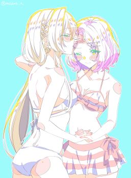 2girls 3; amaori_renako aqua_background ass back bikini bikini_skirt blush_stickers bow breasts cleavage closed_eyes collarbone color_trace cowboy_shot forehead frilled_bikini frills from_side hair_ornament highres holding_another&#039;s_hair imminent_kiss kaneko_misaki long_hair medium_breasts multiple_girls navel ouzuka_mai profile ribbon short_hair signature striped_bikini striped_clothes swimsuit twitter_username very_long_hair watashi_ga_koibito_ni_nareru_wake_naijan_murimuri! x_hair_ornament yuri